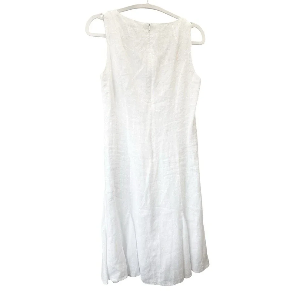 Yuvita White Linen Sleeveless Pleated Short Midi Dress Flowy Coastal Summer 6 - Picture 3 of 7